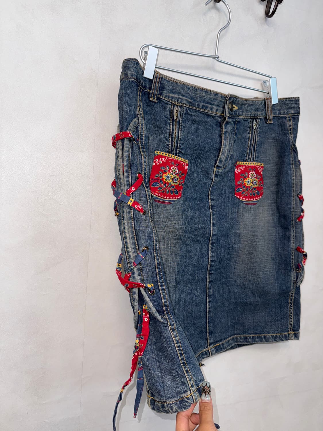 Washing denim oriental laceup midi skirt 상품이미지2