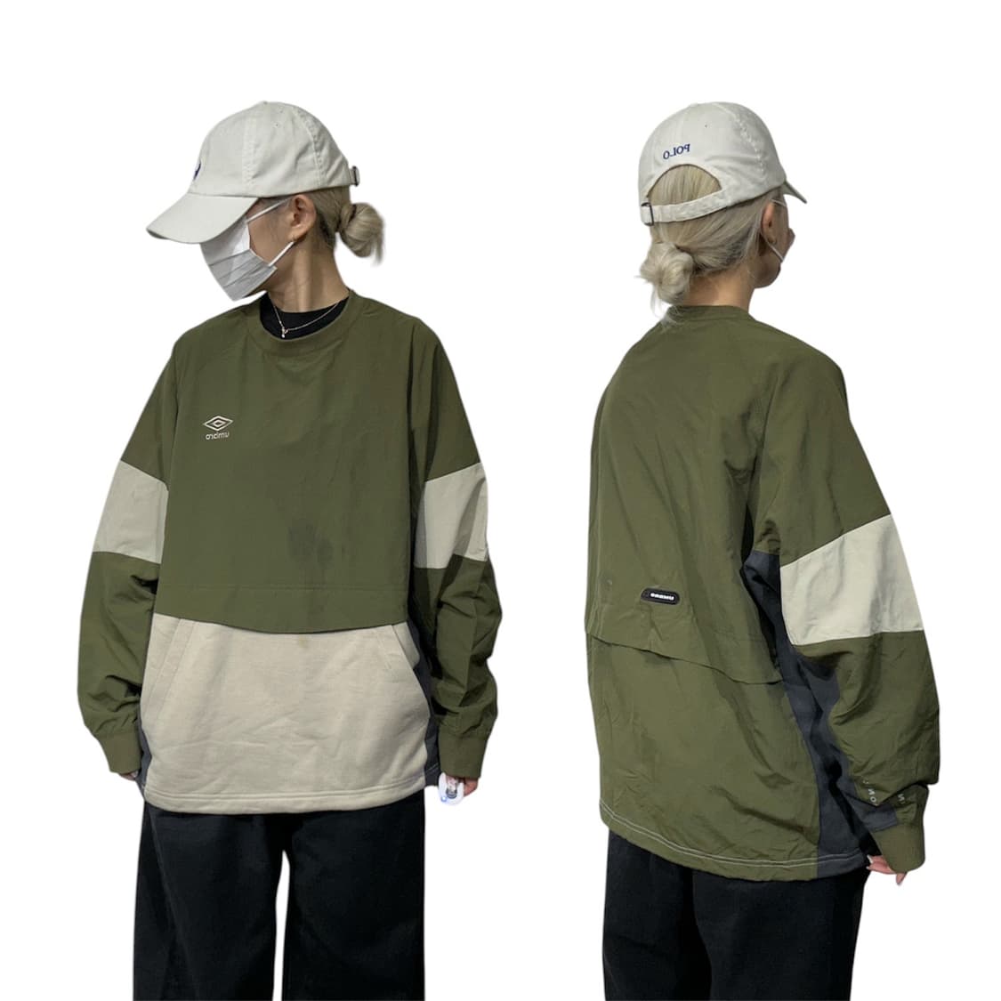 엄브로 카키 베이지 웜업 오버핏 바람막이 긴팔티 S 상품이미지1