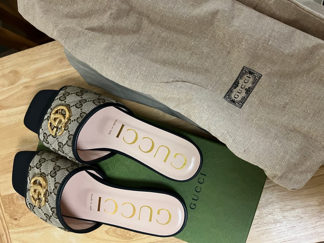 새상품 (W) 구찌 GG 마틀라세 캔버스 슬라이드 샌들 베이지 에보니 상품이미지2