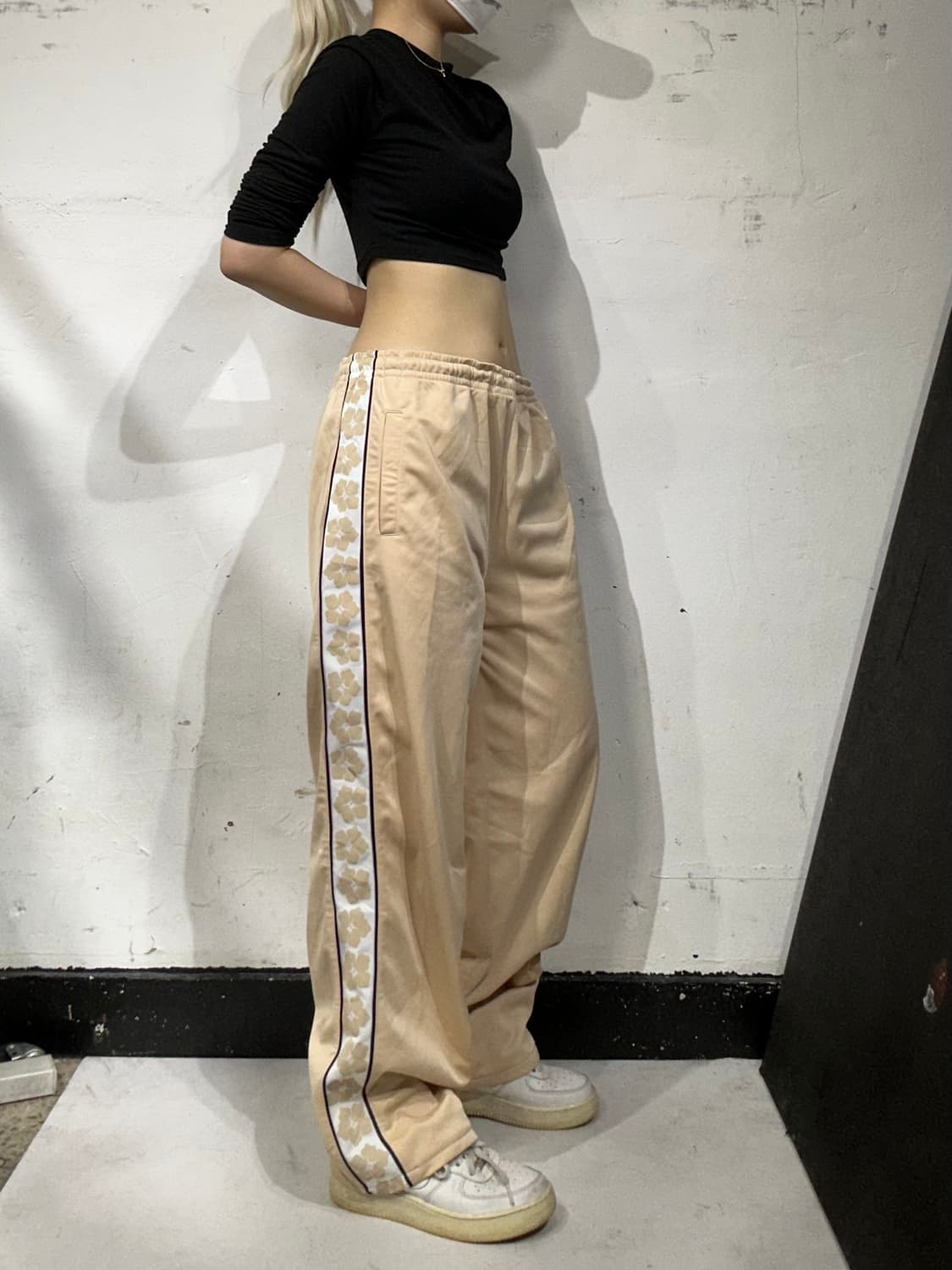 일본 빈티지 베이지 사이드 라인 와이드 팬츠 L 상품이미지1