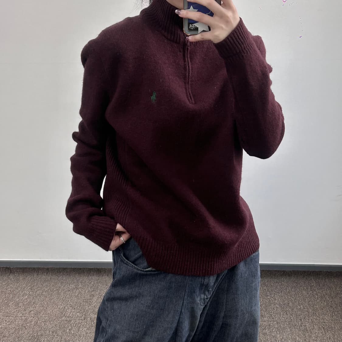 Polo 폴로 그린 포니 버건디 니트 반집업 상품이미지1