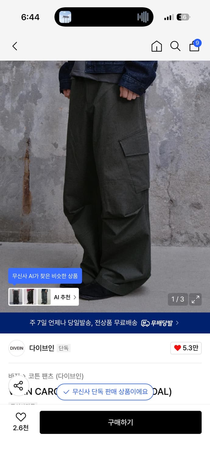 다이브인 베른 카고 차콜 0사이즈 상품이미지1