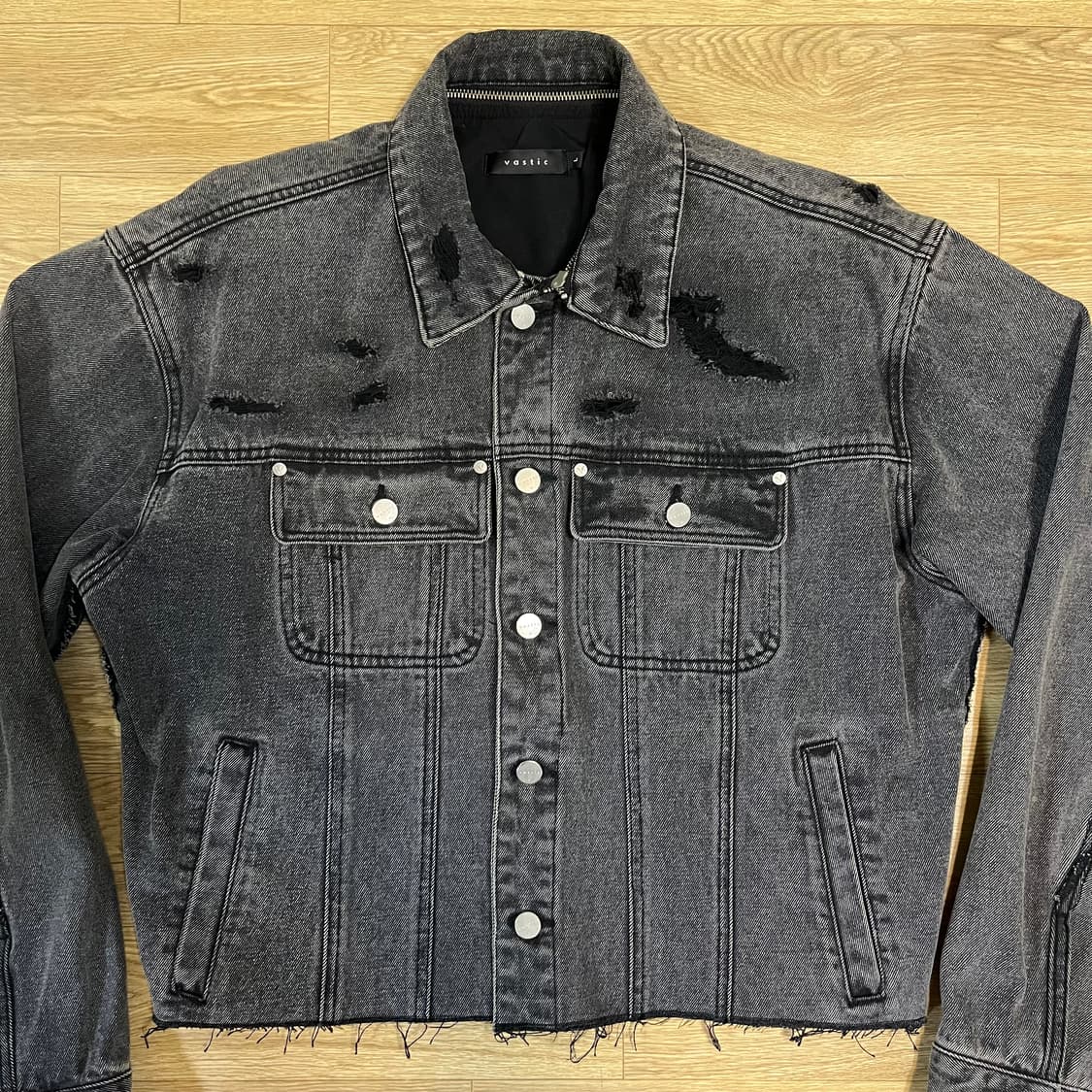 커스텀) 바스틱 클린 로우 컷 넥 집 데님 자켓 블랙 청자켓 상품이미지3