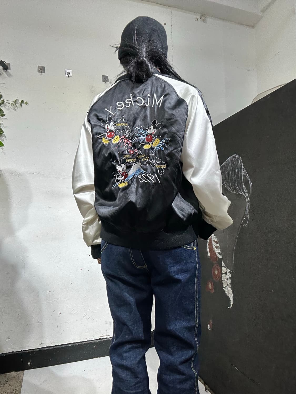 일본빈티지 디즈니 블랙 미키마우스 자수 스카잔 L  상품이미지1