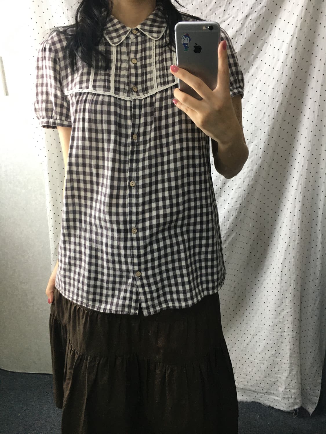 브라운 체크 둥근 카라 블라우스  상품이미지2