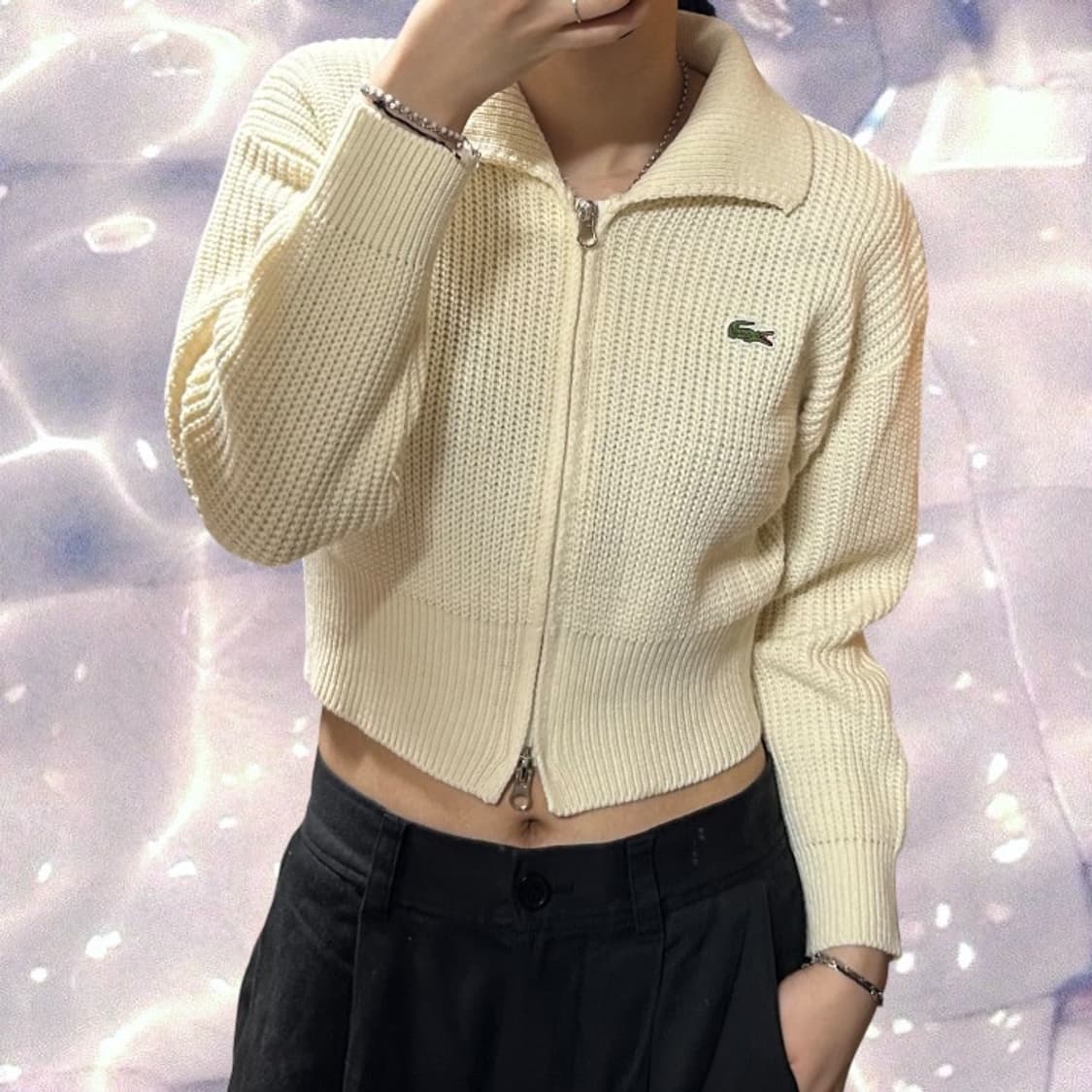 라코스테 일본판 카라 투웨이 크롭 니트 집업 아이보리  상품이미지2