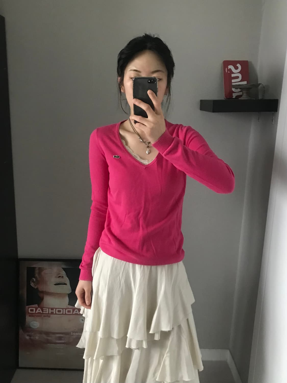 라코스테 로고 핑크 브이넥 니트 상품이미지3