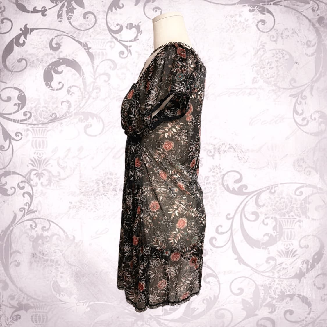 파우닝 빈티지 오리엔탈 블랙 은사 포인트 장미 오프숄더 시스루 원피스  상품이미지3