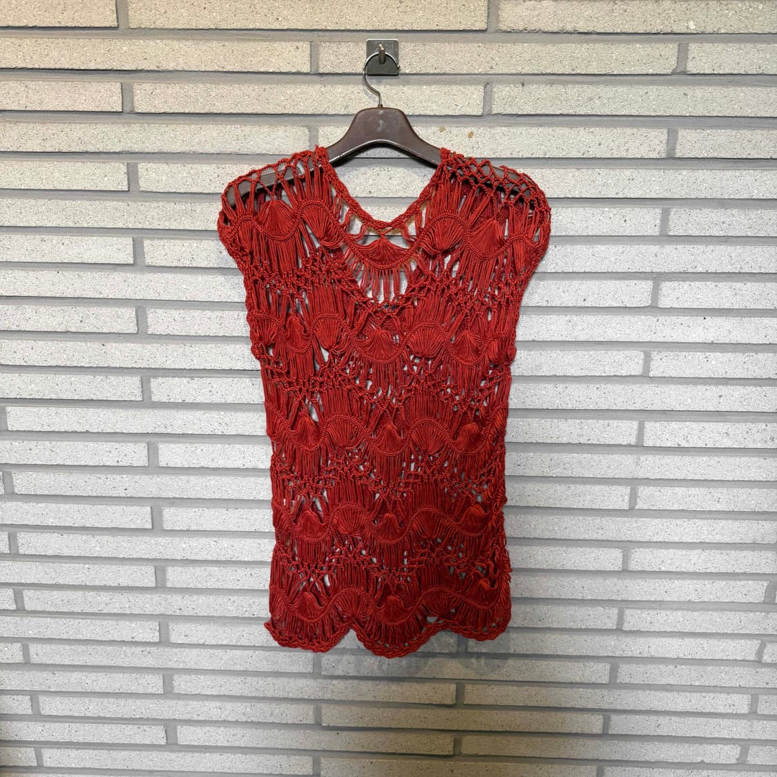 JPN VINTAGE 니트 민소매 그물망 디테일 레드 상품이미지2