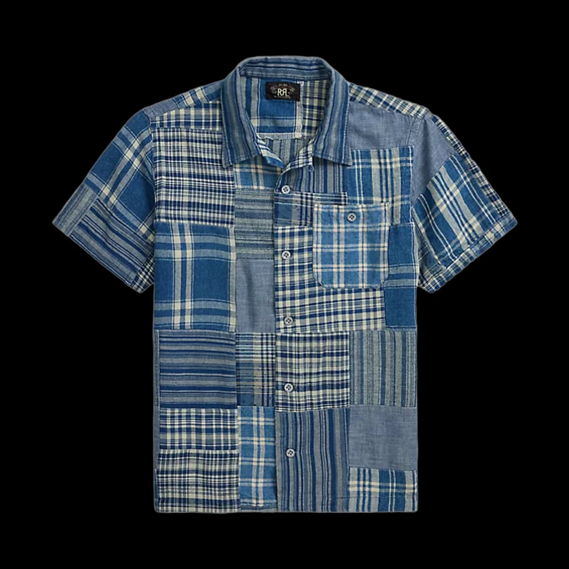 L 사이즈 RRL 인디고 블루 패치워크 반팔 셔츠입니다. 독특한 패치워크 상품이미지9