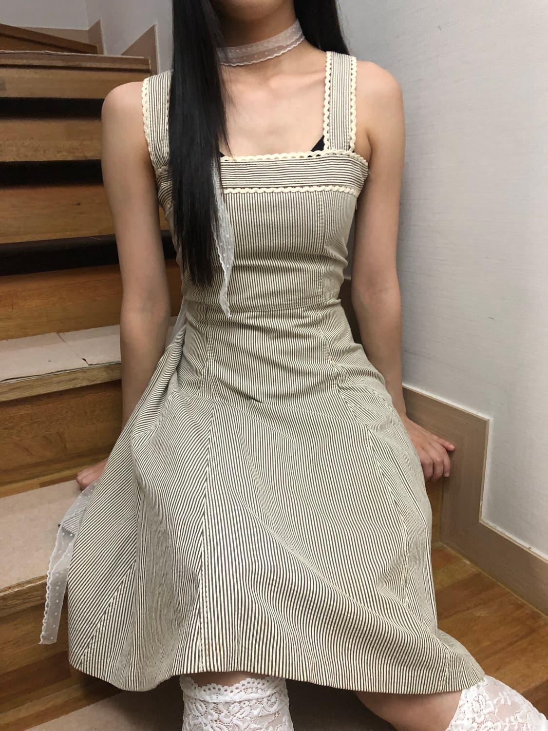 빈티지 아이보리 스트라이프 롱 원피스 상품이미지1