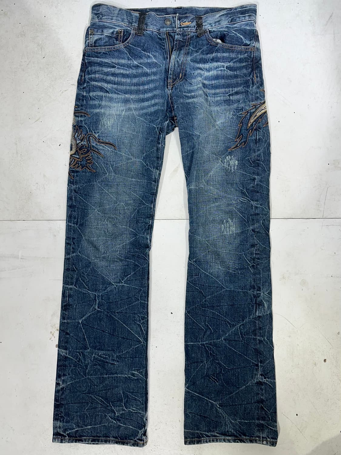 일본 빈티지 중청 자수 디테일 와이드 데님 팬츠 힙합 새깅 청바지  상품이미지5