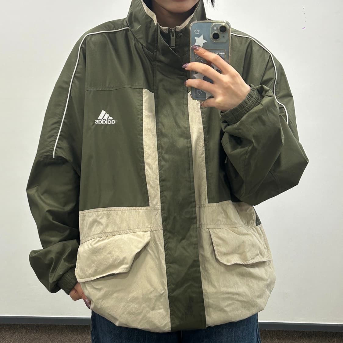 Adidas 아디다스 베이지 카키 배색 바람막이 상품이미지1