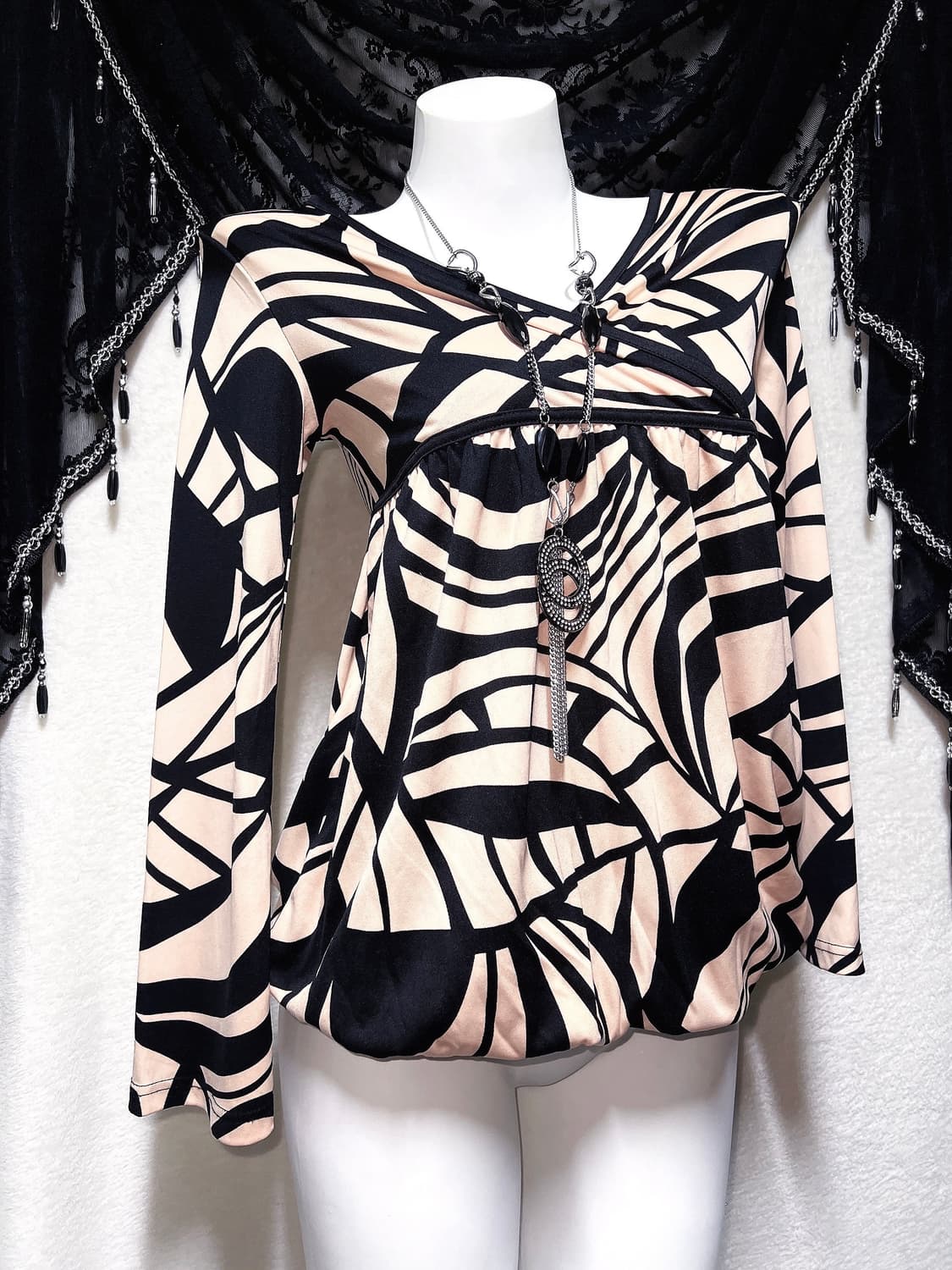 오네갸루 히메 로맨틱 로걀 기하학패턴 트임 아게하 벌룬원피스 섹시블라우스 상품이미지7