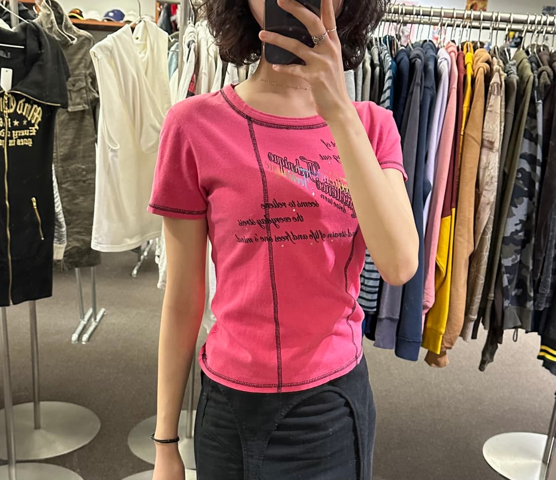 M)Japanese vintage 여성 핑크 블랙 스티치 반팔 상품이미지1