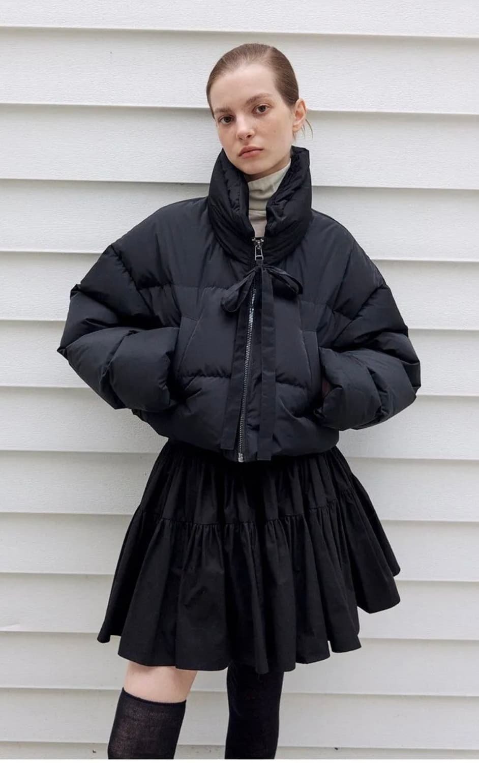 더티스 리본 숏 구스다운 패딩 블랙 상품이미지1