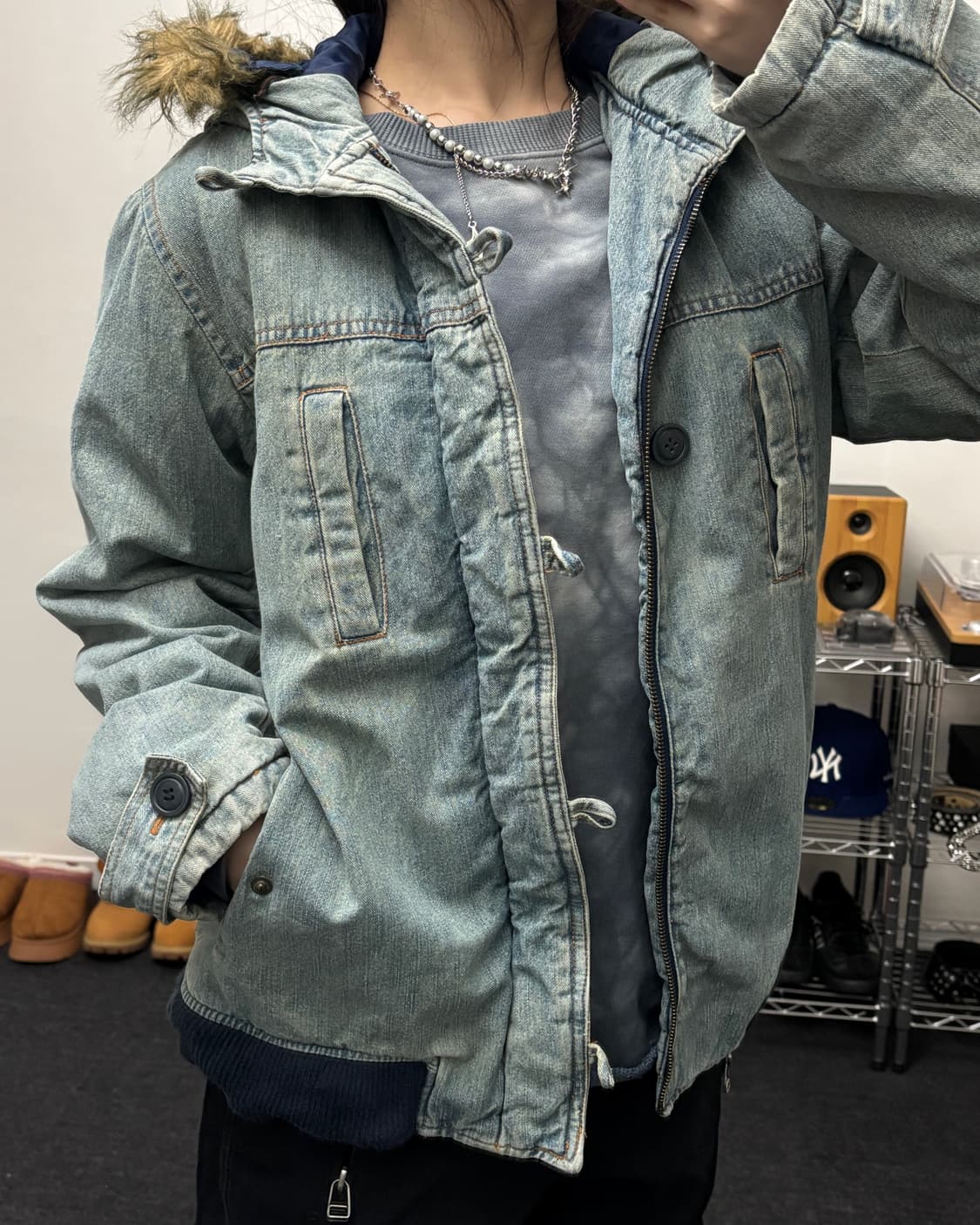 올드 빈티지 퍼 후드 데님 블루종 자켓 상품이미지3