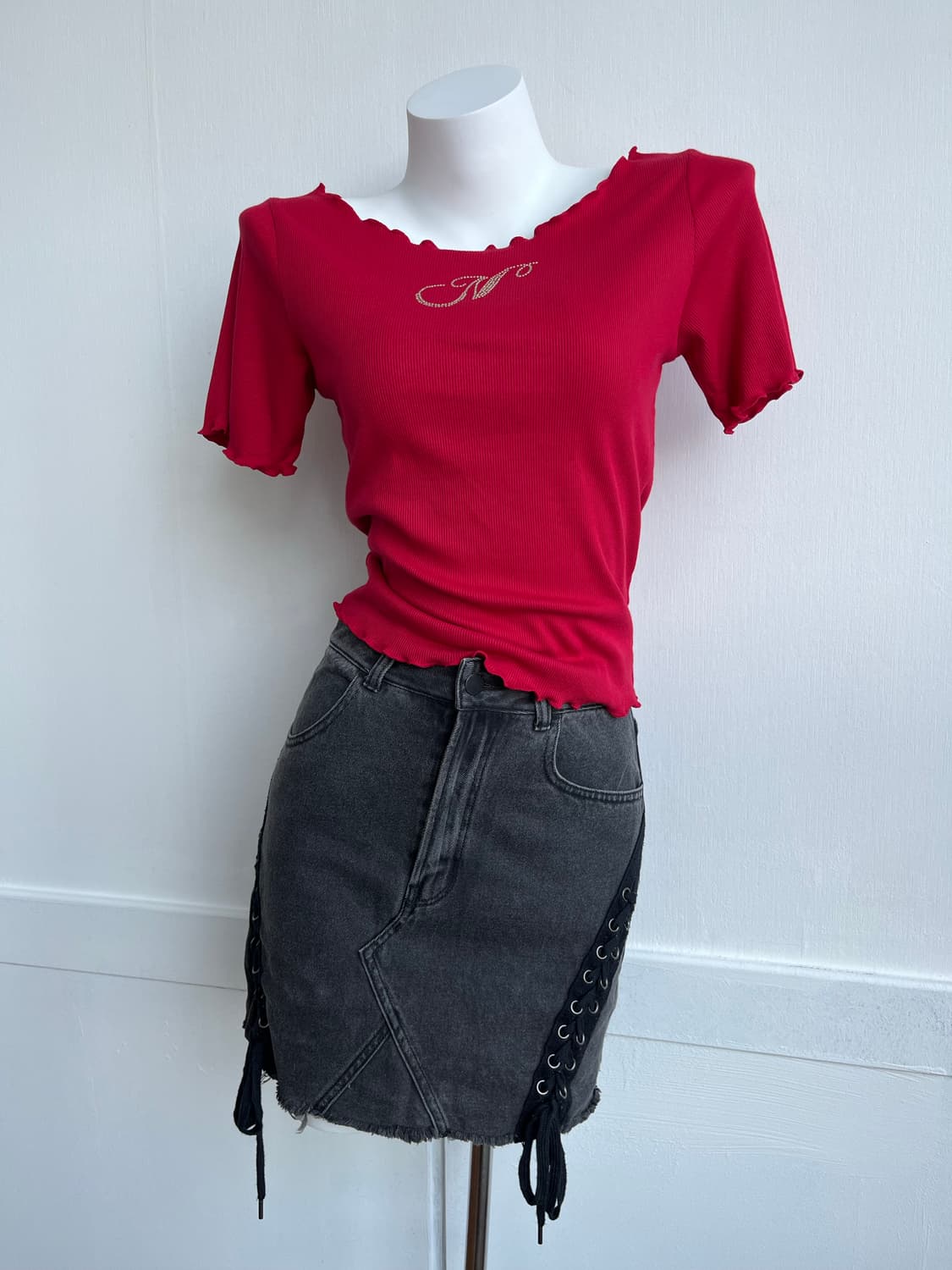 GU 아일렛 스트랩 데님 스커트 상품이미지3