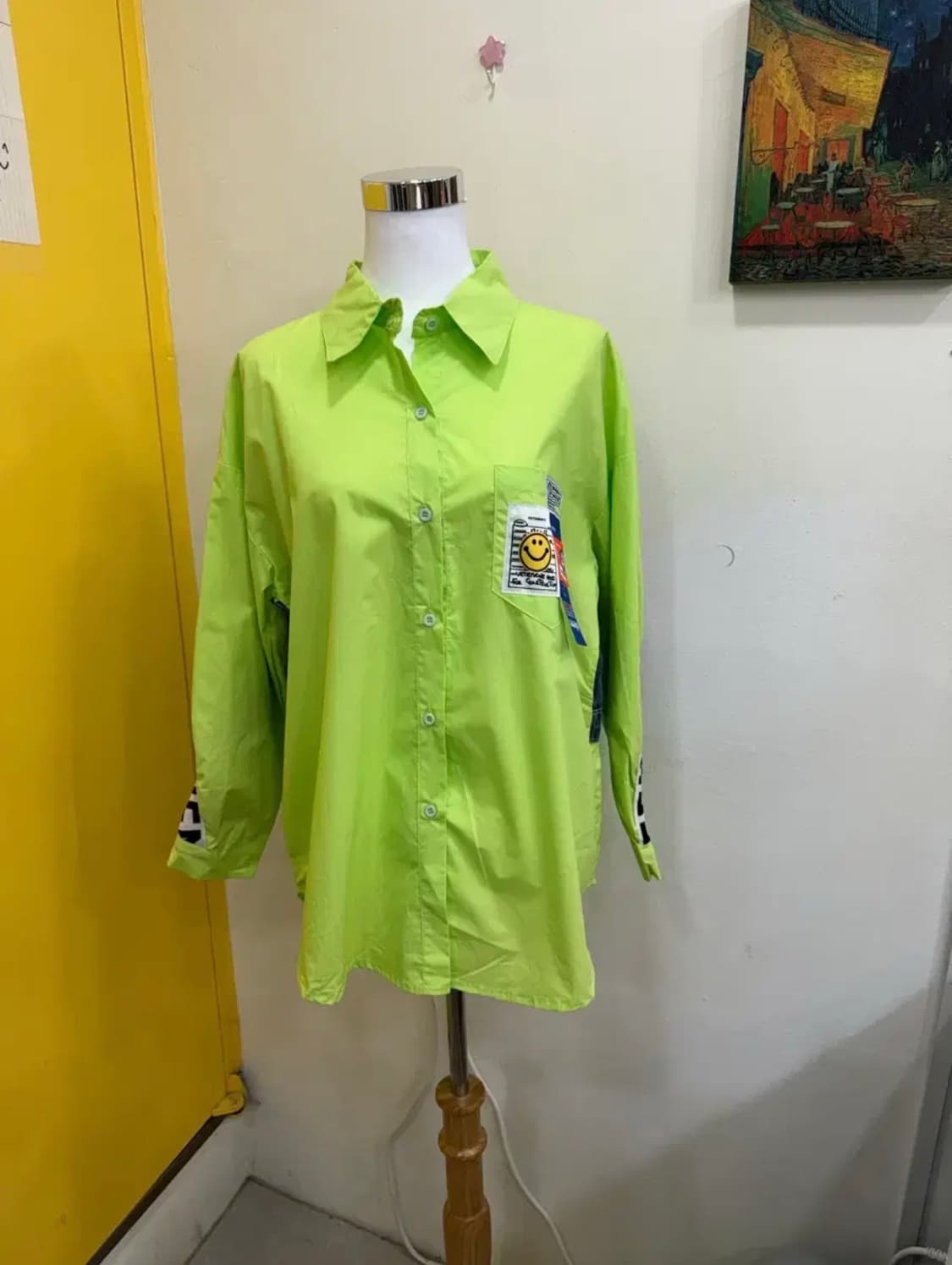 네온 라임 스마일 패치 데님배색 롱셔츠 / 유니크 스트릿 셔츠자켓 상품이미지2