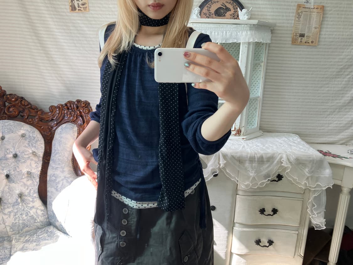 일본빈티지 네이비 셔링 7부 도트 레이어드 탑 상품이미지4