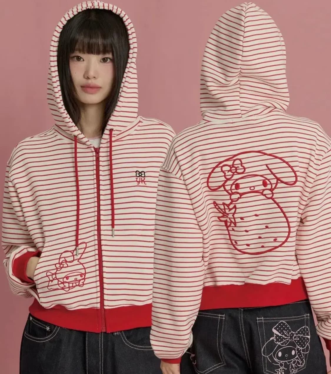와이케이 스트로베리 마이멜로디 스트라이프 후드 집업 레드 상품이미지1