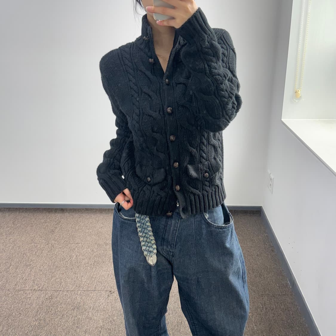 Polo 폴로 블랙 케이블 니트 버튼업 하이넥 가디건 상품이미지1