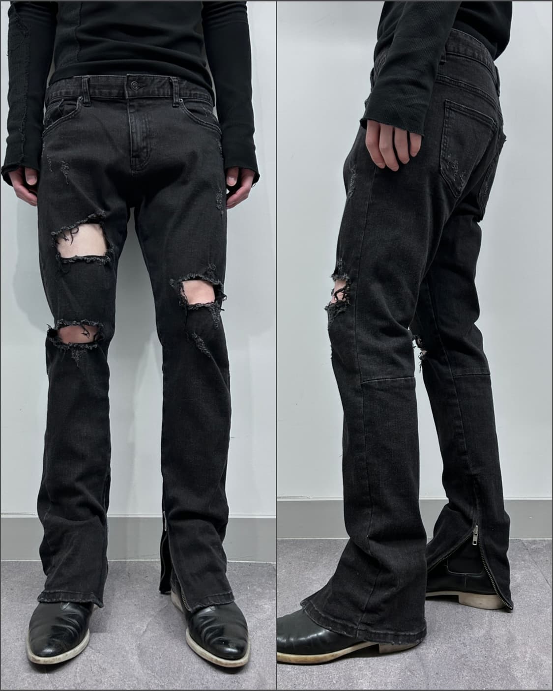 블랙 디스트로이드 지퍼 디테일 데님 상품이미지1