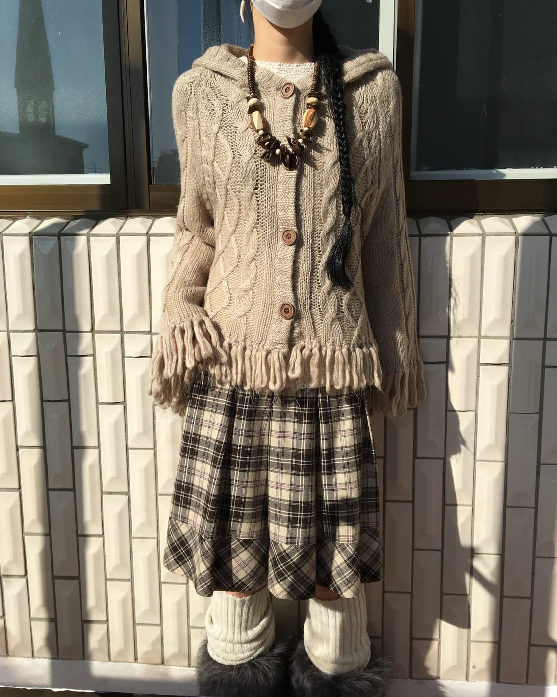 Fringe cable pattern hood knit cardigan 상품이미지1