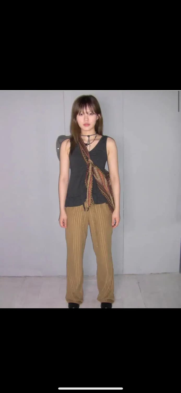 테쿄타임 스트라이프 미드핏 밴딩 팬츠 카멜 상품이미지1