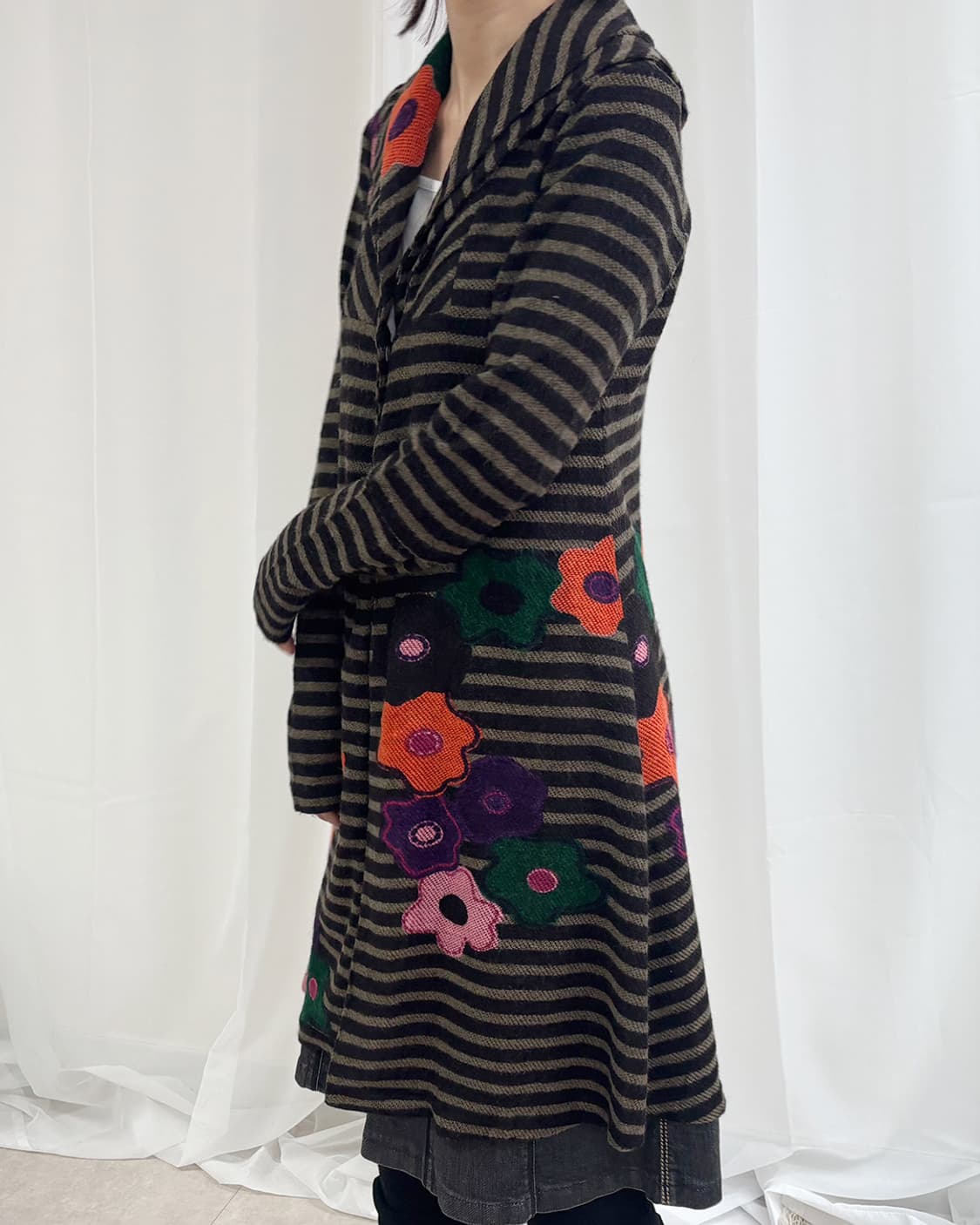 Heart 아트 플라워 포인트 스트라이프 롱 로브 카디건 상품이미지4