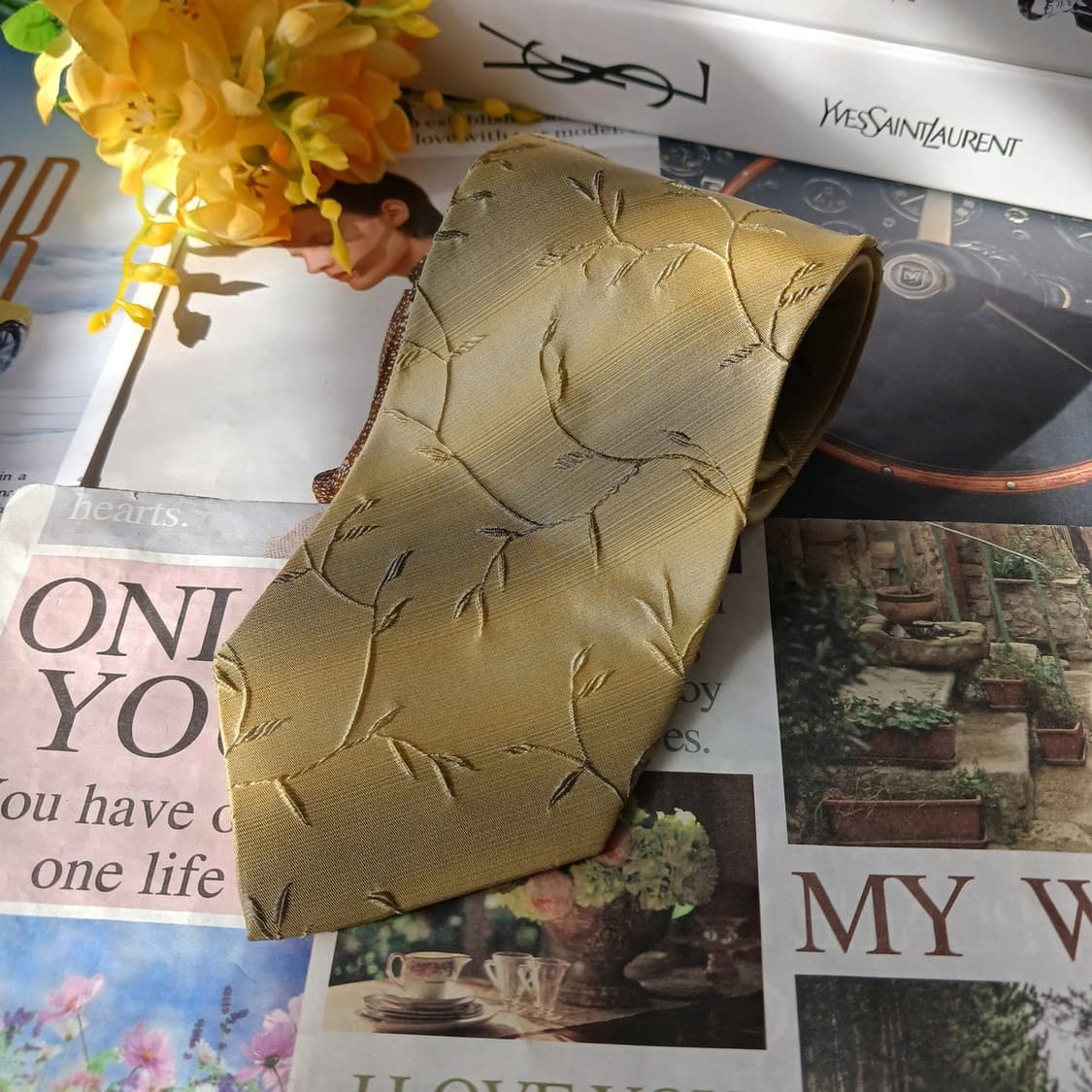 입생로랑 실크 머스타드 자카드 넥타이 9.4cm A+~A등급 A19673 상품이미지2