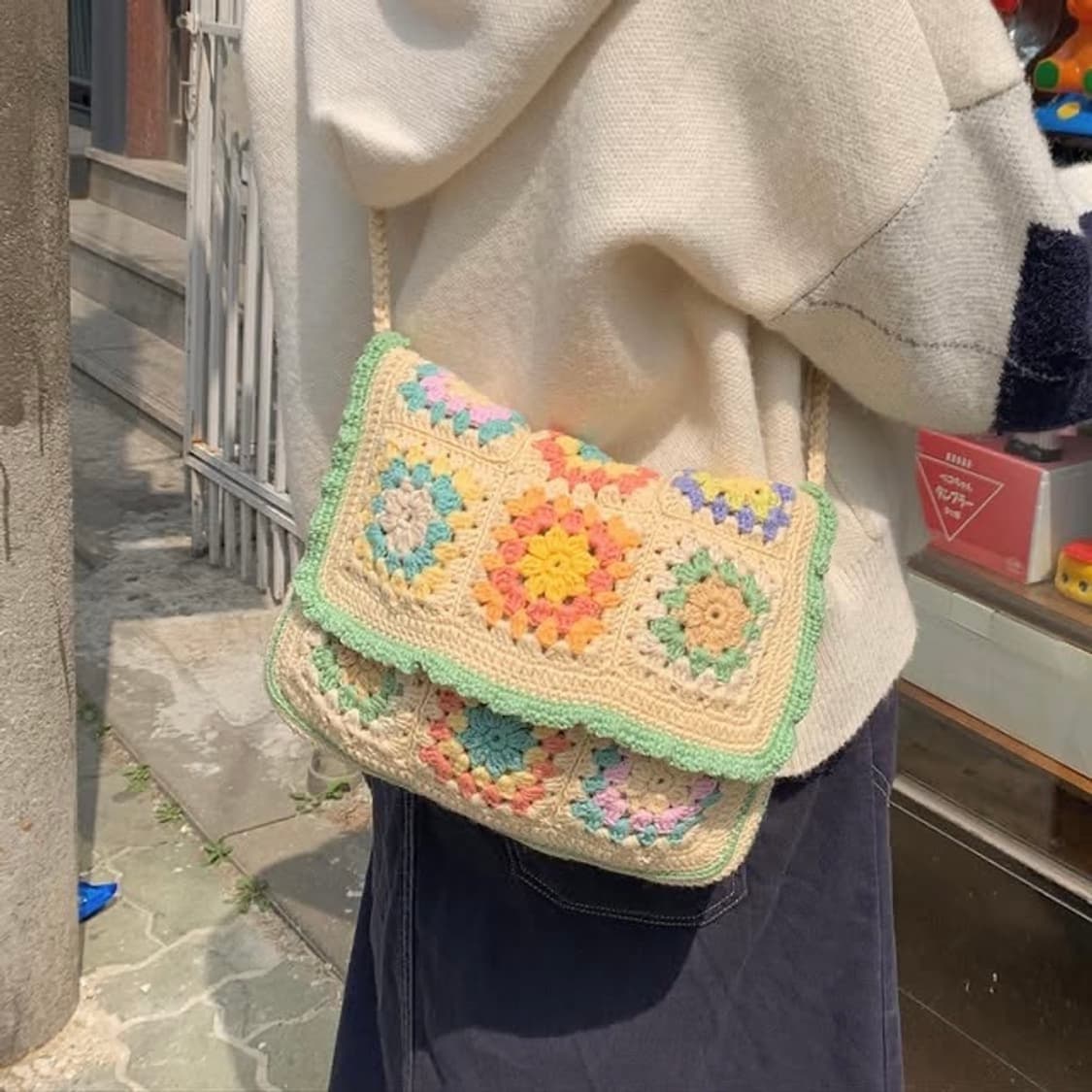 새상품 착용샷O 울100 모모텐 플라워 모티브 뜨개 가방 빈티지 앤틱 상품이미지2
