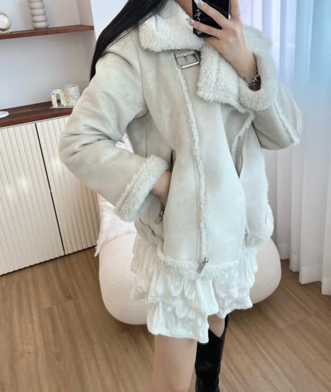 하이넥 밍크퍼 스웨이드 무스탕 연베이지 상품이미지2