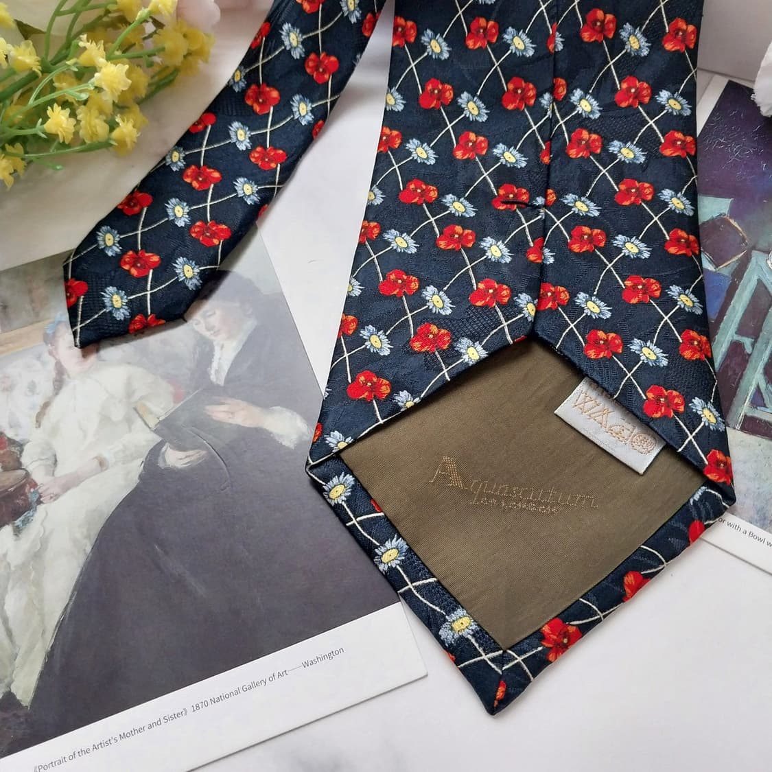 아쿠아스큐텀 실크 네이비 플라워 패턴 넥타이 10cm A+등급 K1201 상품이미지6