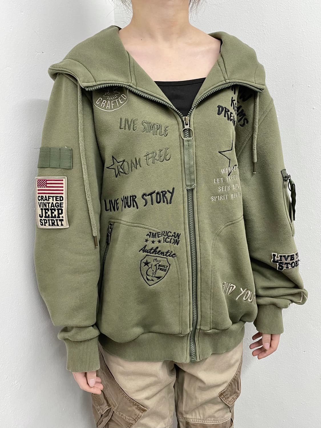 지프 카키 자수 후드집업 상품이미지1