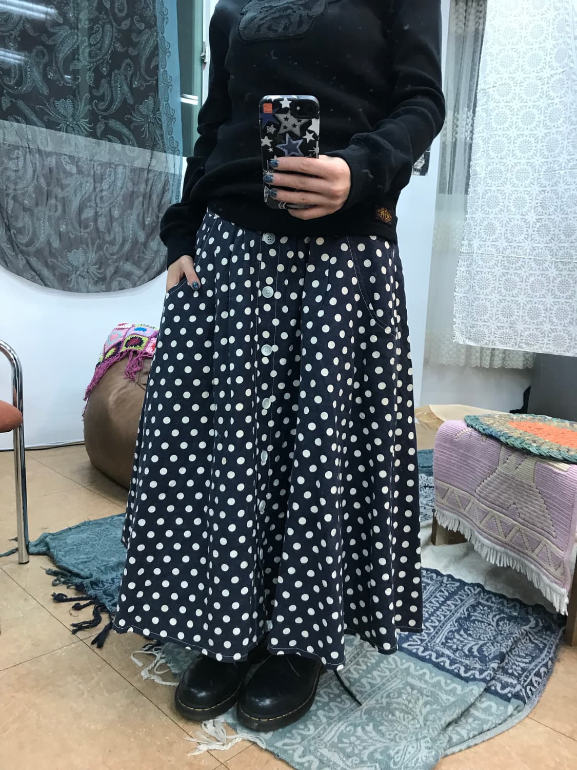 빈티지 여성 도트 밴딩 롱스커트  상품이미지1