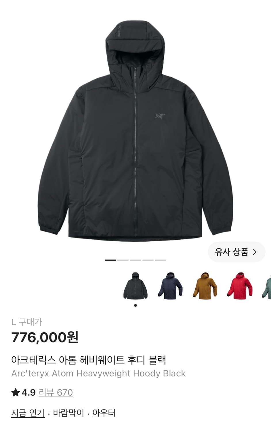 아크테릭스 아톰 헤비웨이트 후디 블랙 L 상품이미지5