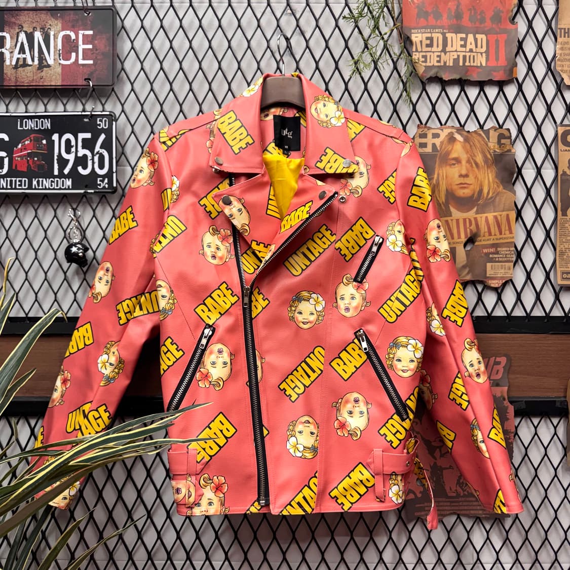 언티지 베이비 로고 프린팅 라이싱 레더 자켓 핑크 옐로우 배색 상품이미지1