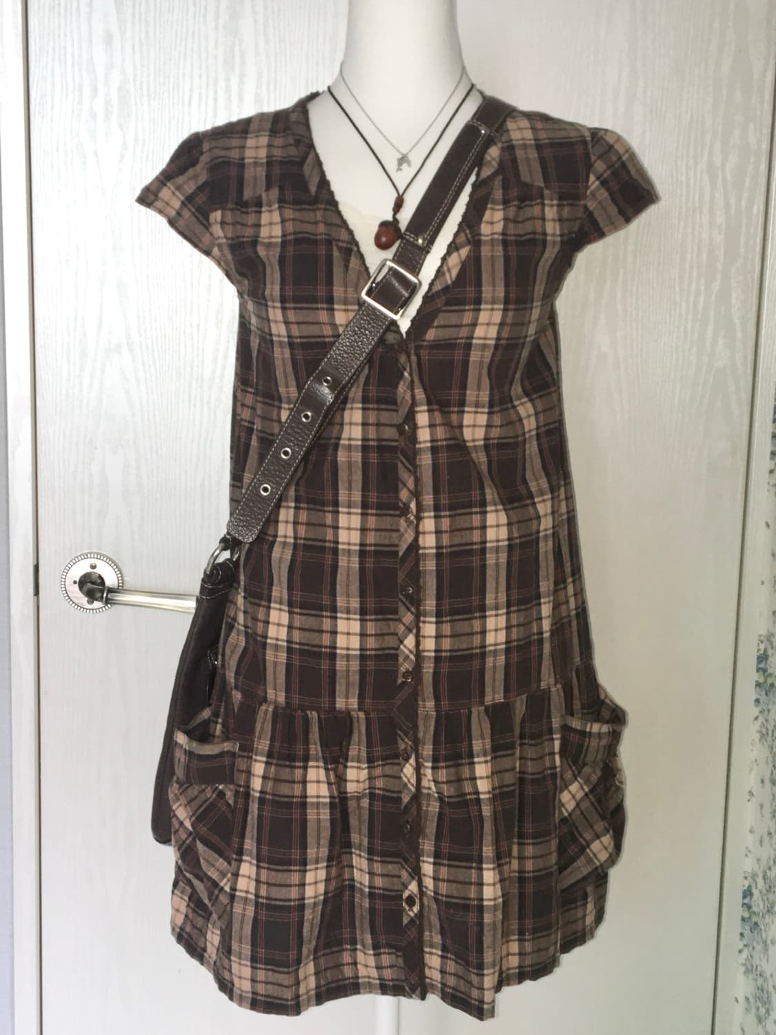 brown plaid short-sleeve dress 상품이미지2