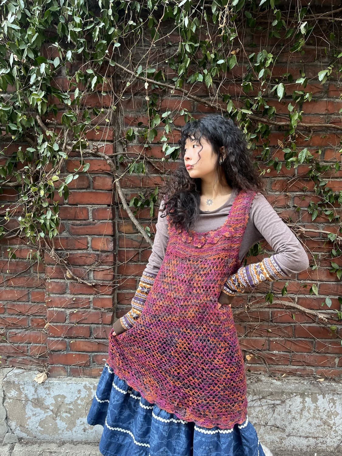 빈티지 무드 레이어두 그물 니트 원피스 상품이미지2