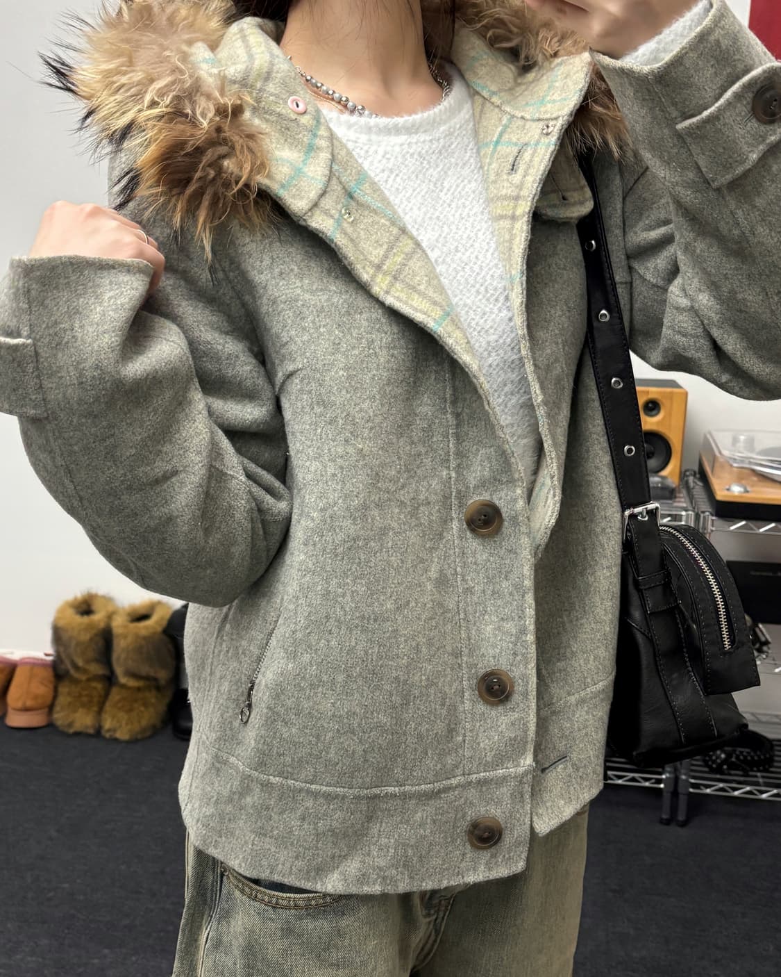 올드 빈티지 퍼 후드 울 자켓 상품이미지3