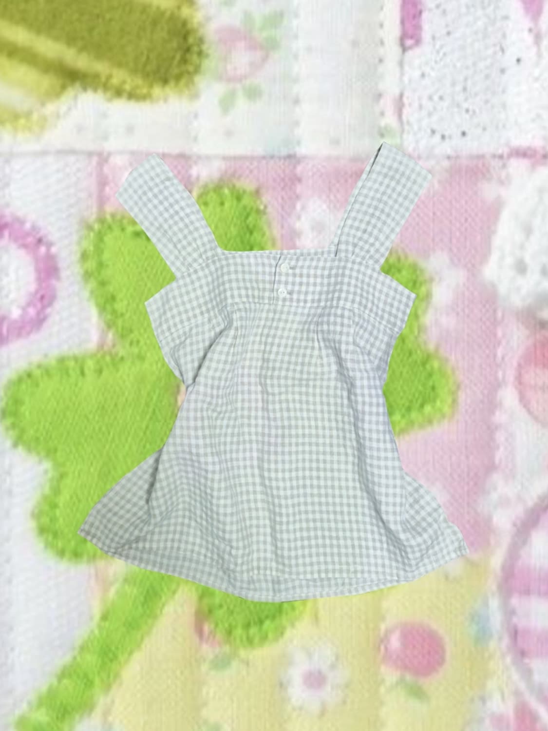 빈티지 베이지 체크 깅엄 스퀘어넥 블라우스 슬리브리스 나시 리본 상품이미지2