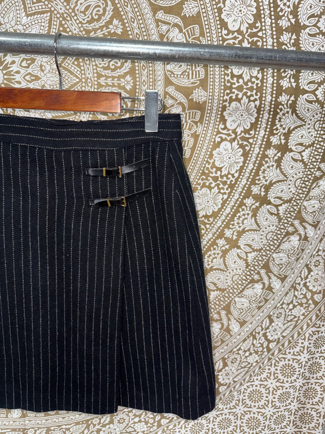 빈티지 여성 모직 스트라이프 버클 미디스커트 상품이미지4