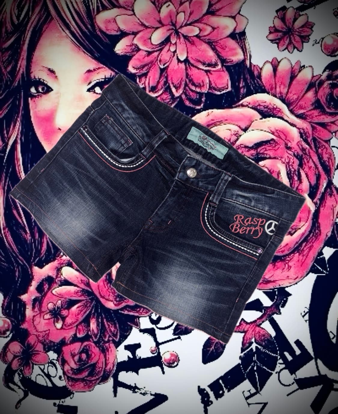 빈티지 레드페퍼깔 갸루 스컬 데님 숏팬츠 상품이미지1