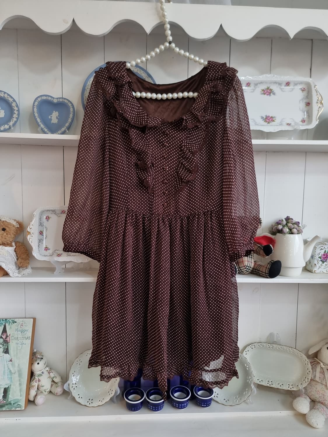 브라운 도트 쉬폰 프릴원피스 상품이미지4