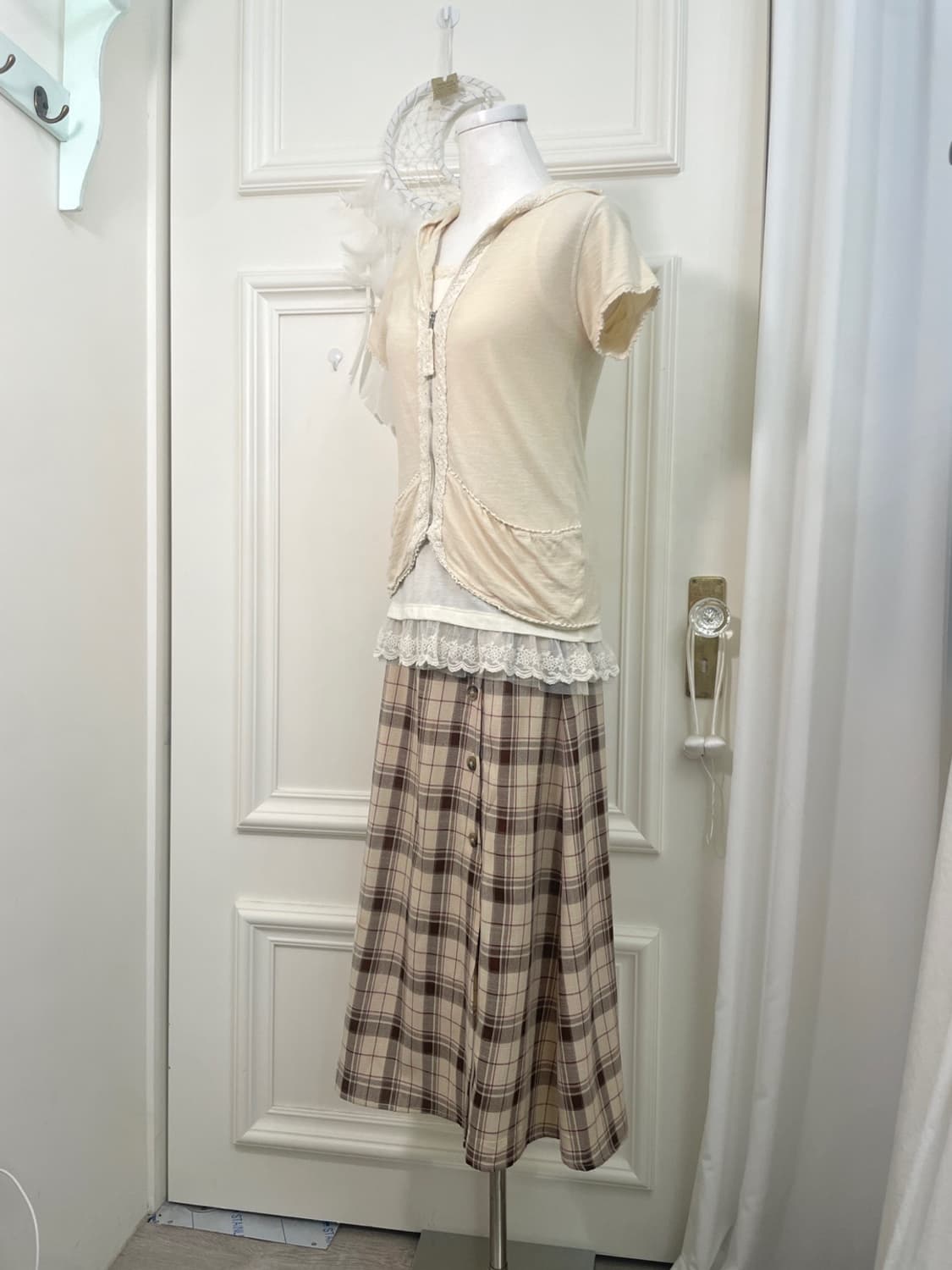 beige brown check button point long skir 상품이미지7
