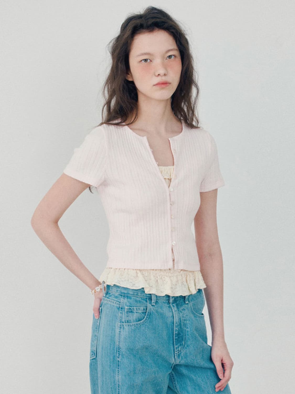 하네 리브드 반팔 가디건 베이비핑크 상품이미지1