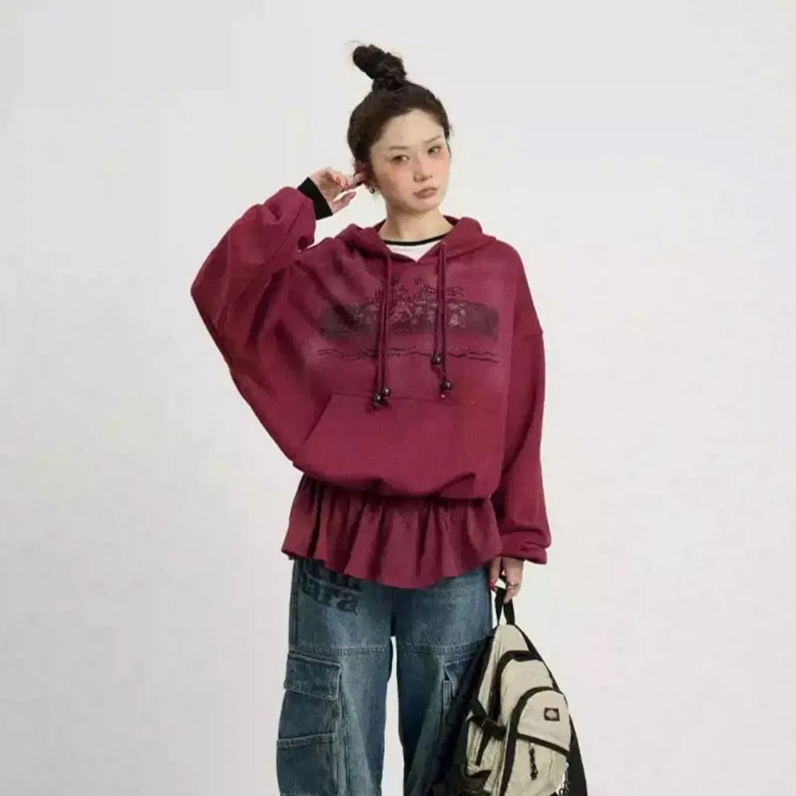 ACHIHARA 후드티 페이크 레이어드 루즈핏 롱 후디 상품이미지1