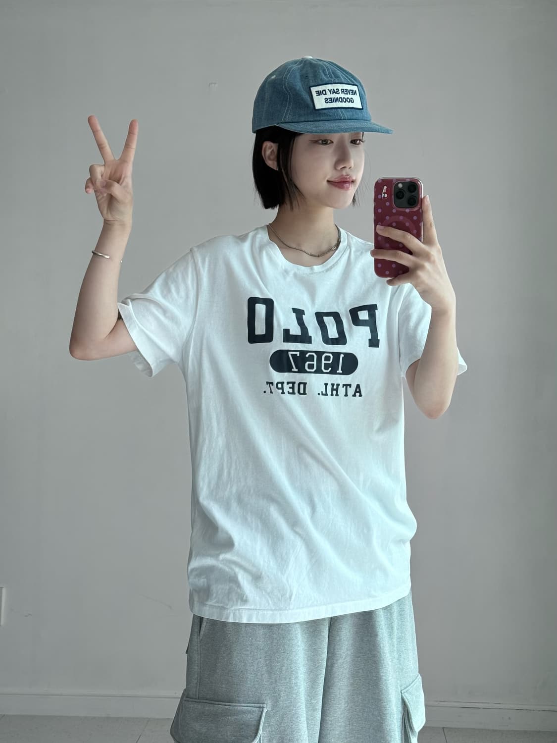 폴로 화이트 네이비 로고 반팔티 상품이미지2