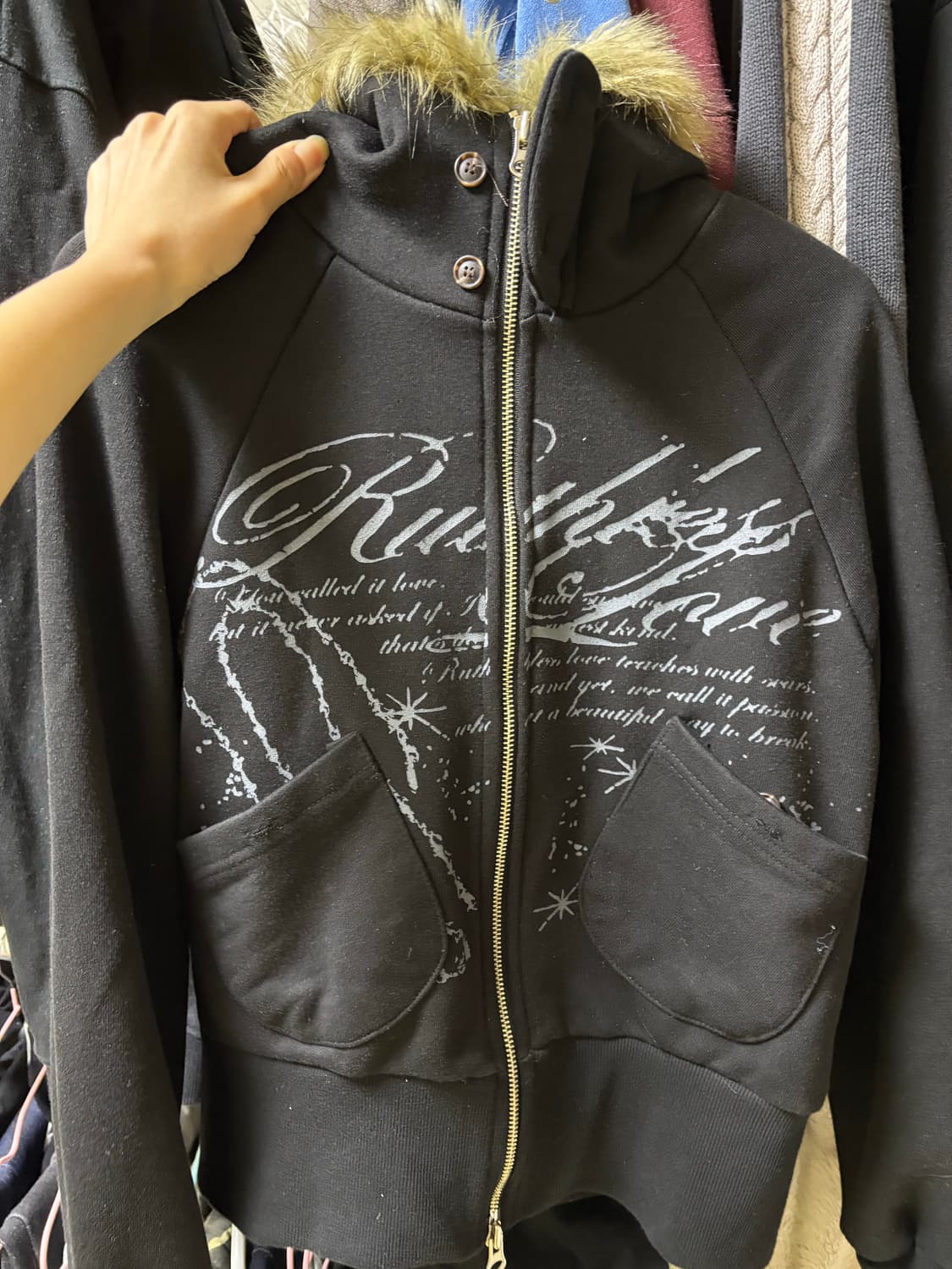 팬시클럽 루스리스 퍼 후드집업 (BLACK) F25ZA005 상품이미지2